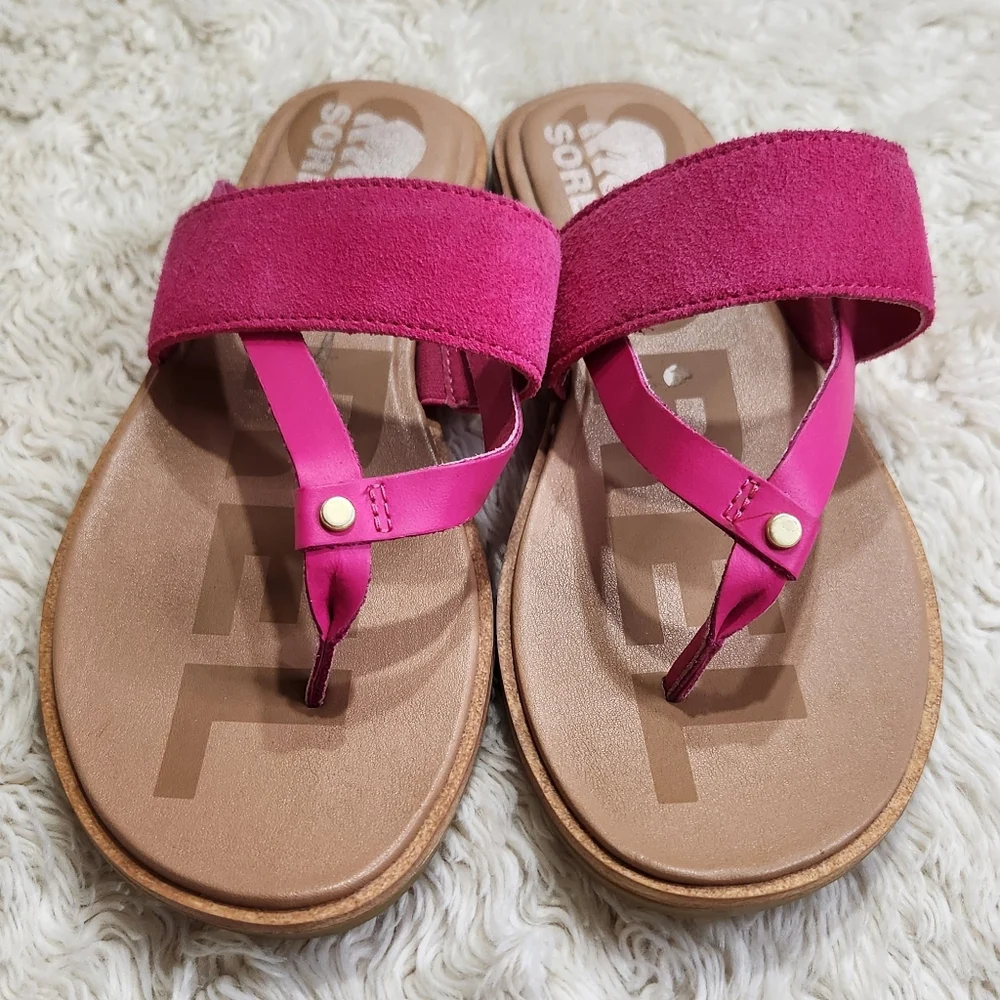 SOREL Ella II Easy Flip Sandals In Fuchsia Fizz Pink / Sea Salt Womens US 7 - Picture 5 of 9